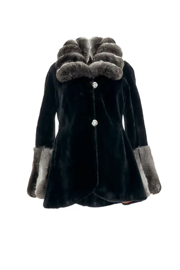 Front view of a black sheared beaver jacket with chinchilla fur