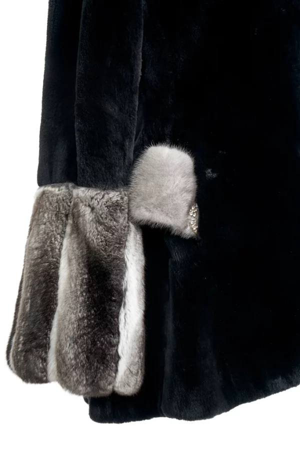 Close up on the chinchilla fur on the black sheared beaver jacket