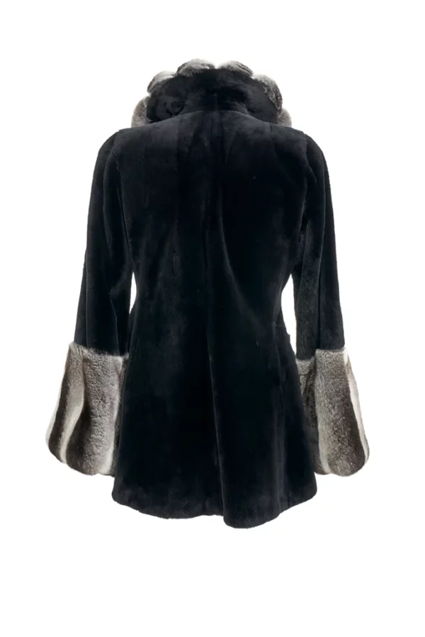 Rear view of a sheared beaver jacket with chinchilla collar and cuffs