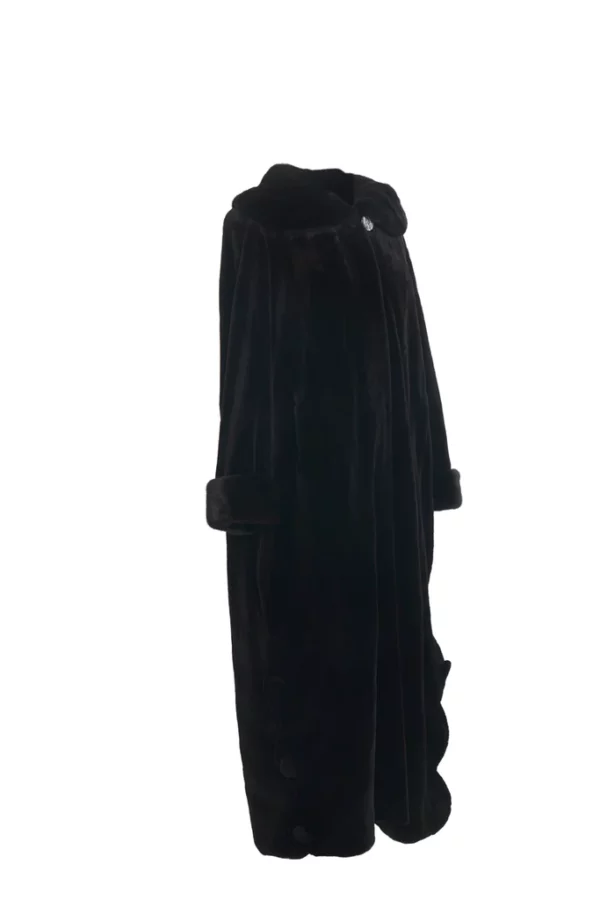 Black long mink fur coat seen from behind