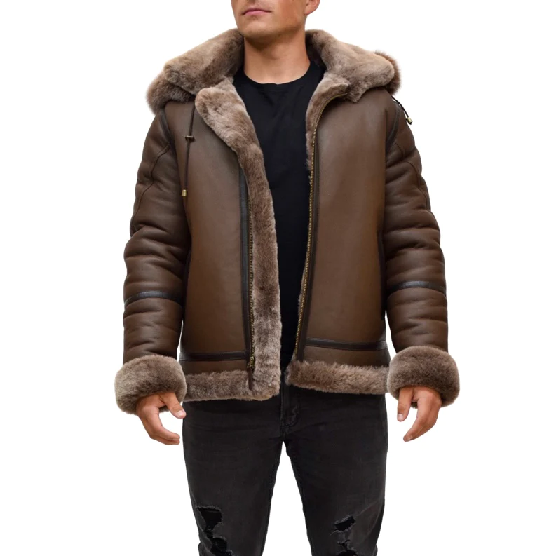 Brown leather jacket with fox fur trim