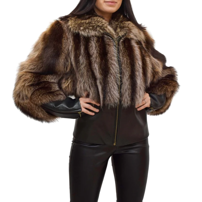 Black leather coat with raccoon fur