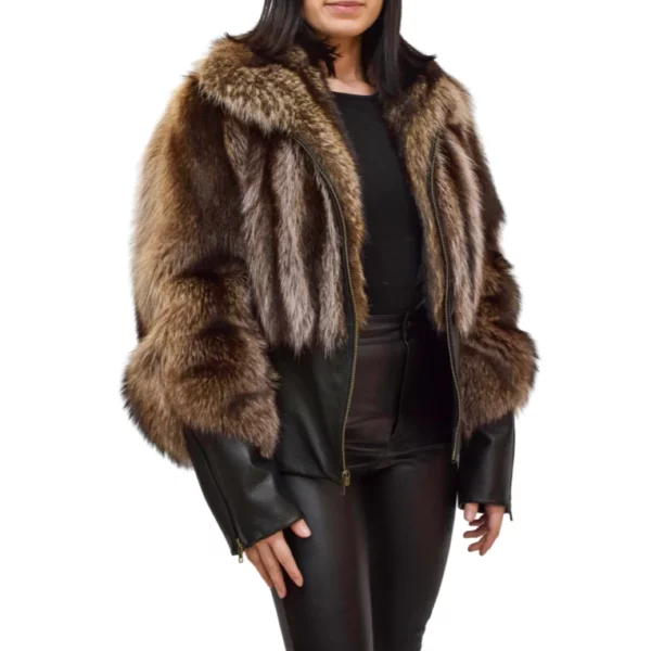 Leather jacket with raccoon fur features