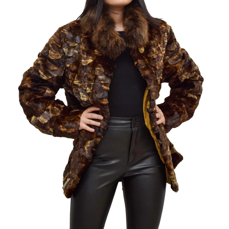Brown mink section jacket with a fox fur collar