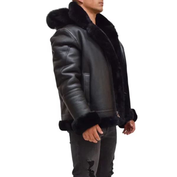 Black leather jacket with black fox fur trim