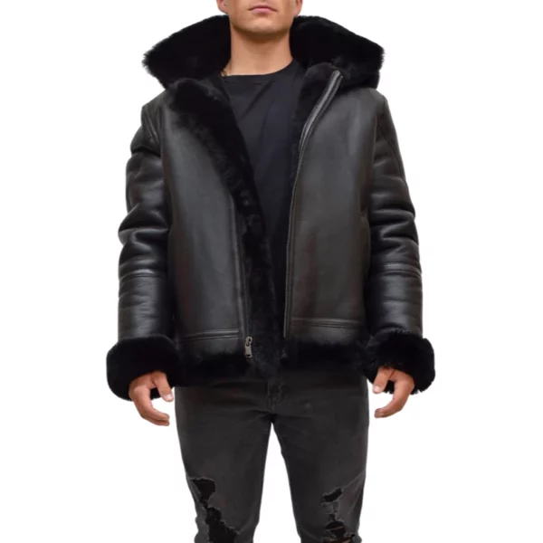 Black leather jacket with black fox fur trim
