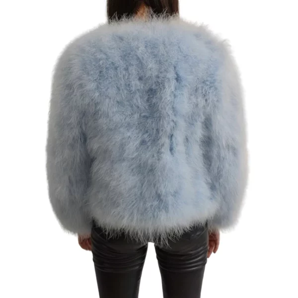 Rear view of a woman wearing a blue ostrich jacket