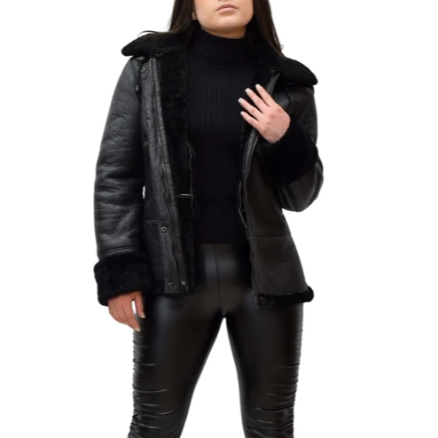 Black shearling jacket with a detachable hood