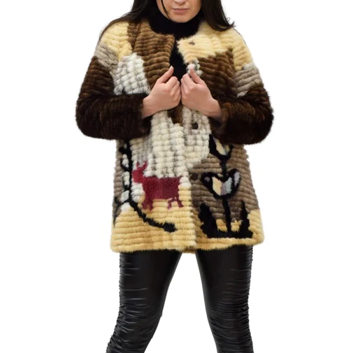 Multicolored mink jacket on a woman wearing black