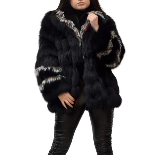 Woman wearing a jacket made with black fox fur
