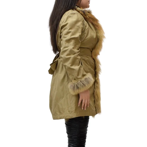 Side view of a woman wearing a fox trimmed raincoat