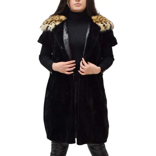 Black sheared mink vest with lynx fur on its hood