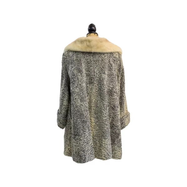 Back view of a grey Persian lamb stroller with mink trim