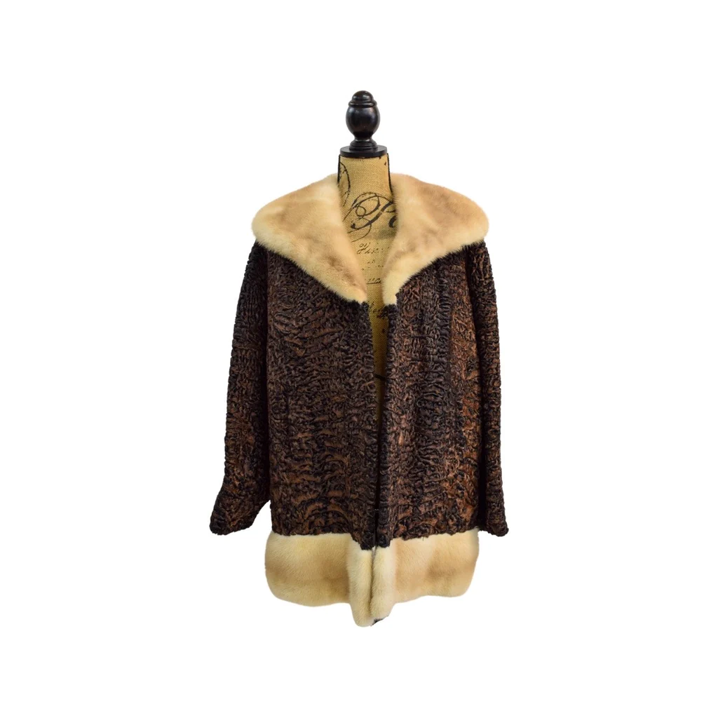 Brown Persian lamb jacket with mink fur trim