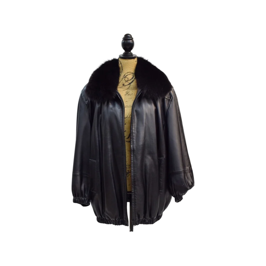 Women's bomber jacket with a black fox fur collar