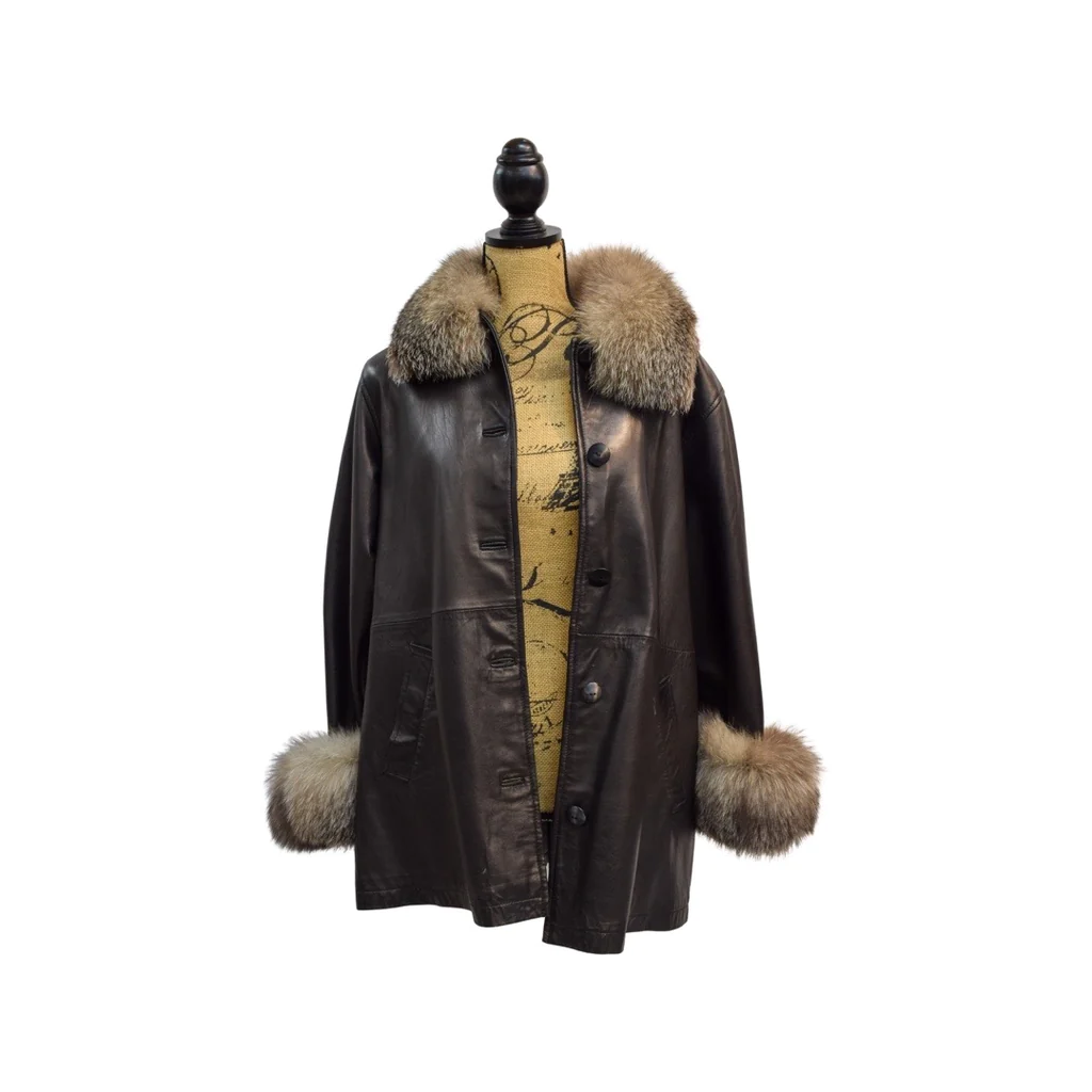 Brown leather coat wit fox trim