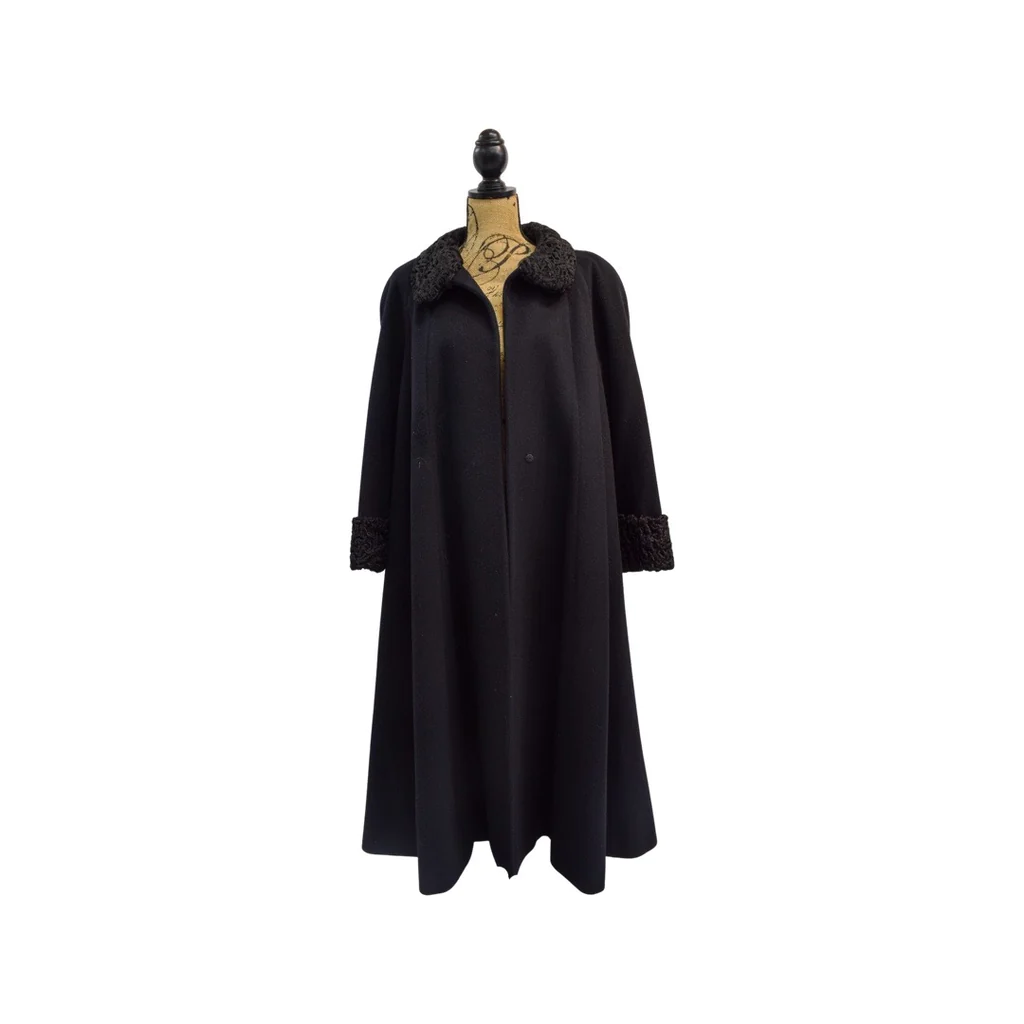 Black wool coat with black Persian lamb trim