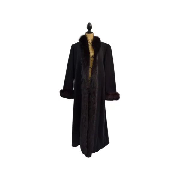 Black wool coat for women with black fox fur trim