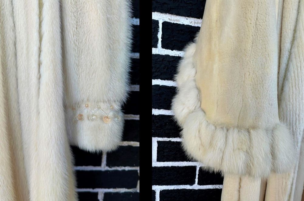 Before and after images of a white fur coat that has had its cuffs redesigned