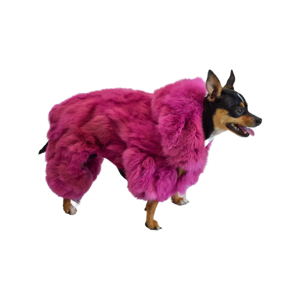 Small dog wearing a fluffy pink coat made of rabbit