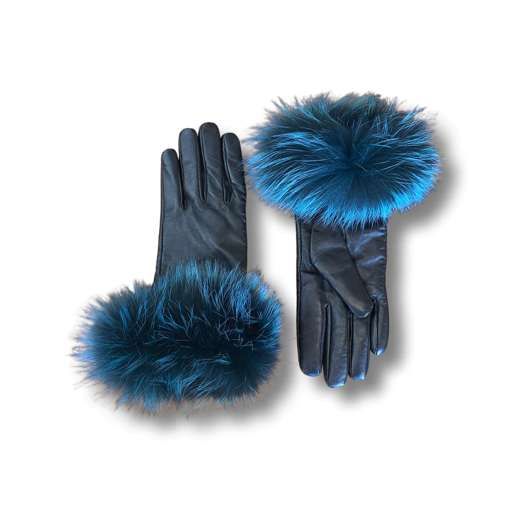 Black leather gloves with a blue fox fur wrist