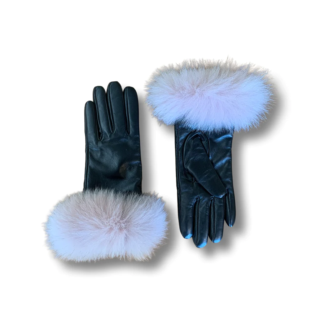 Black leather gloves with a pink fox fur wrist