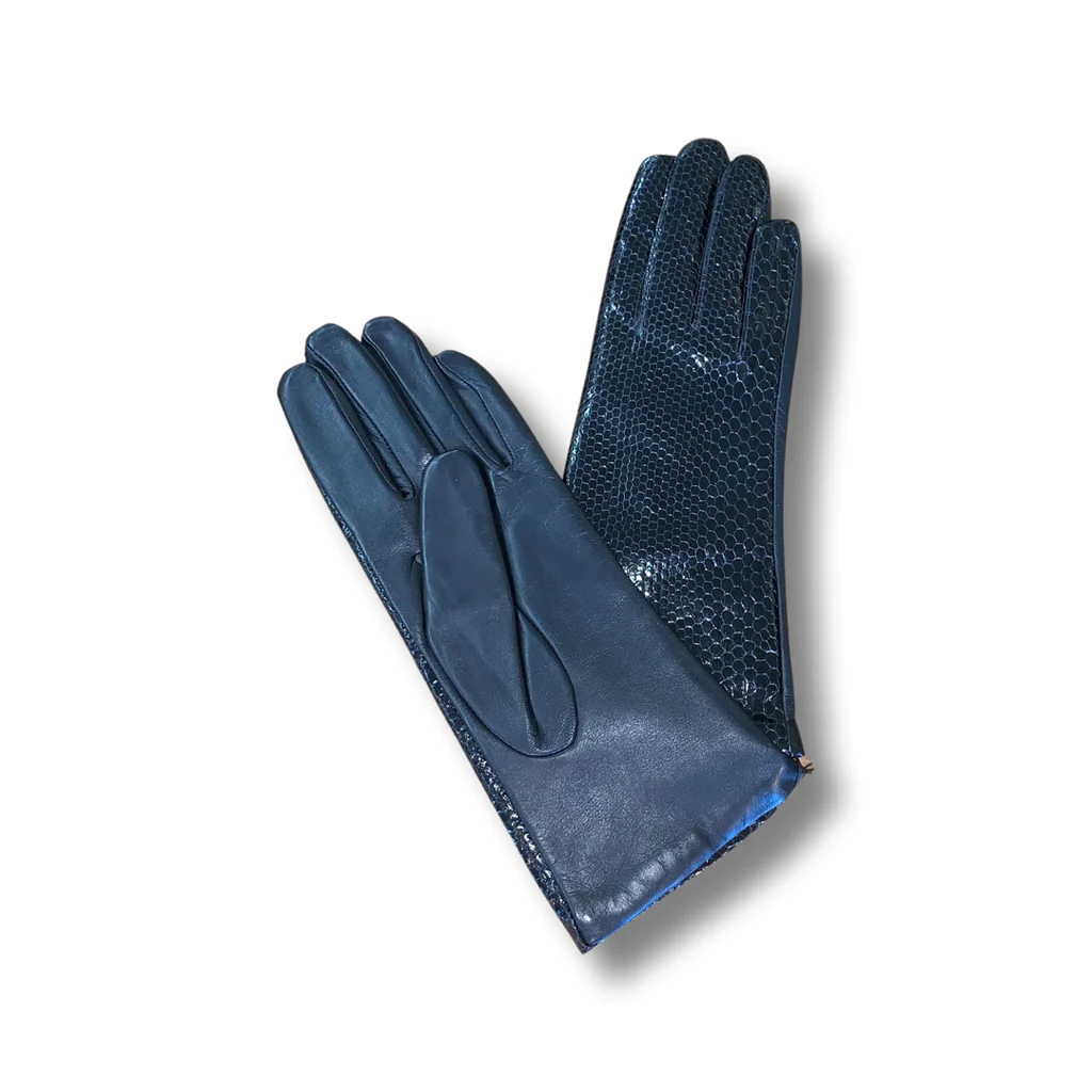 Black leather gloves with a scaled leather on them