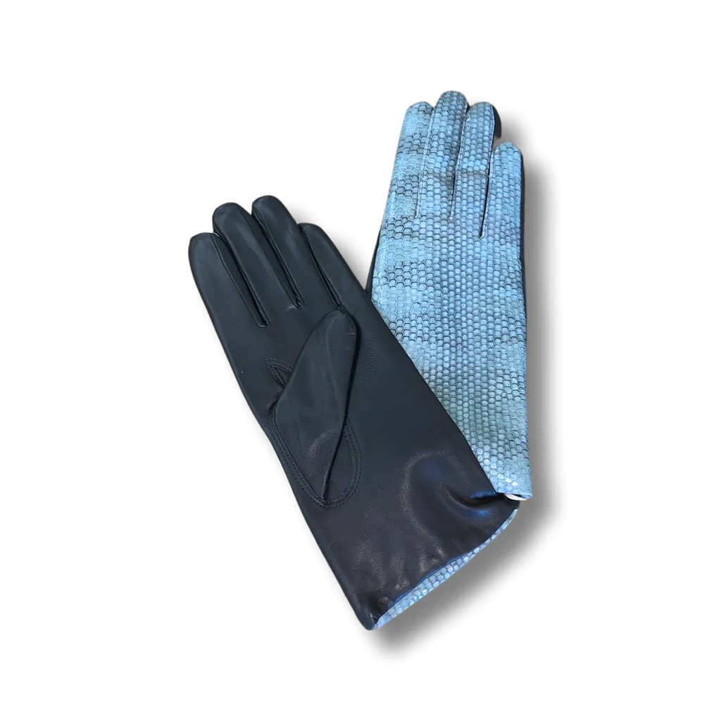 Blue leather gloves with a scaled leather on them
