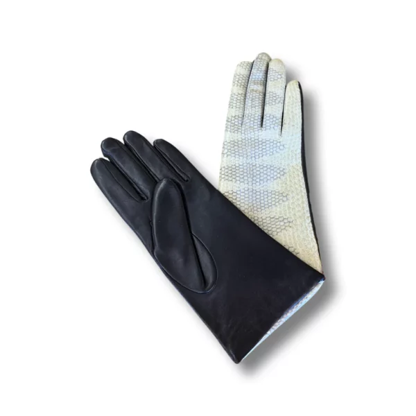 Pale green leather gloves with a scaled leather on them