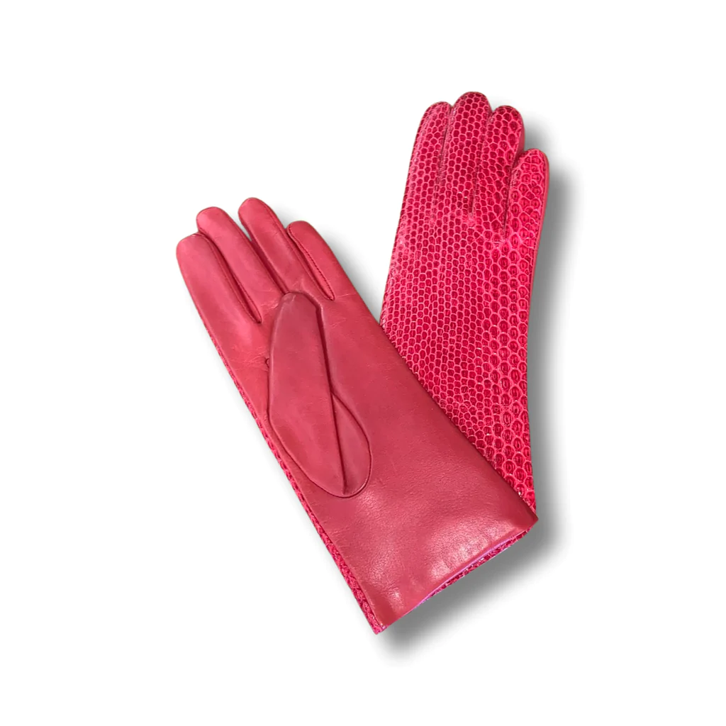 Red leather gloves with a scaled leather on them