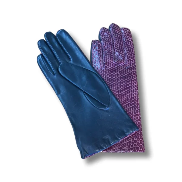 Fuchsia leather gloves with a scaled leather on them