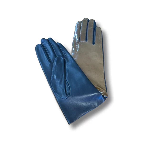 Leather gloves with brown and blue on either side