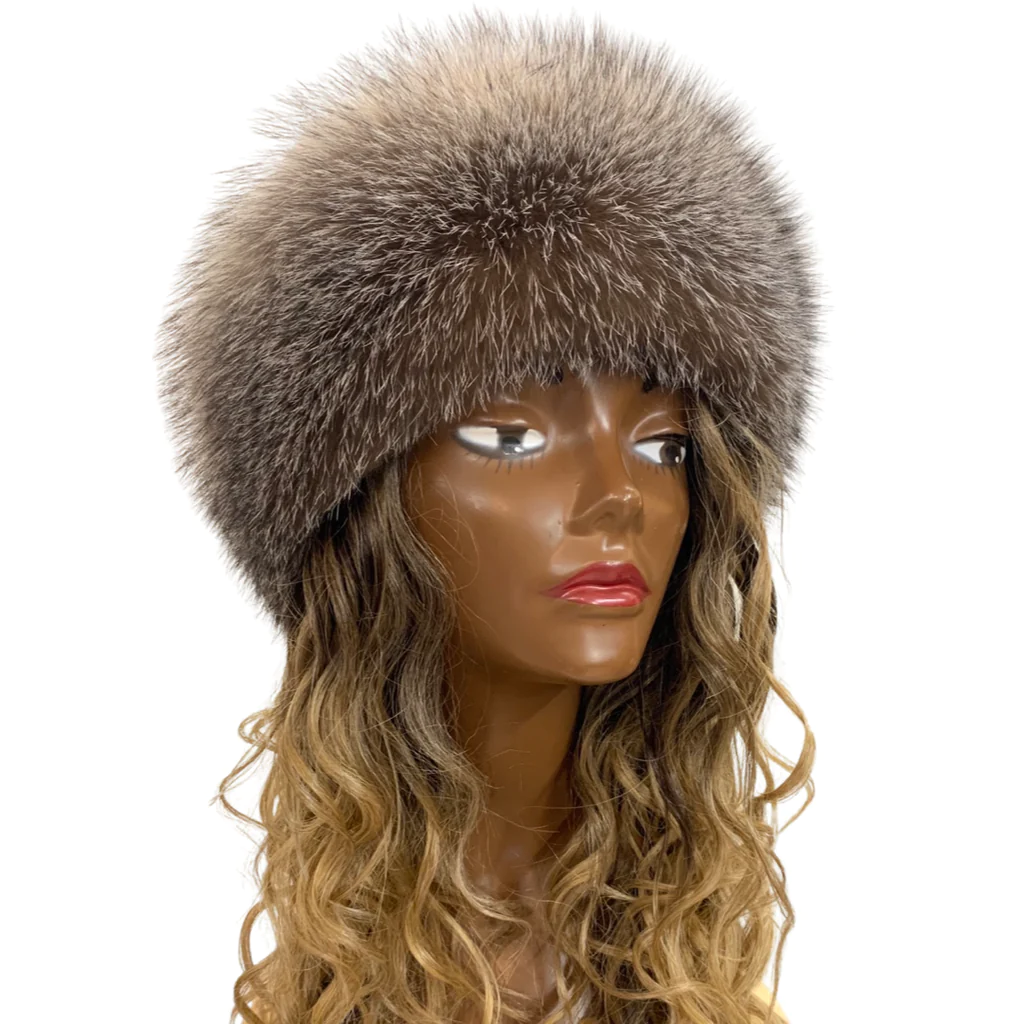 A mannequin wearing a fox fur headband