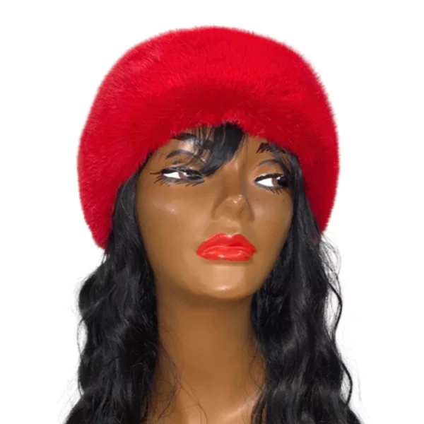 A mannequin wearing a red mink fur headband