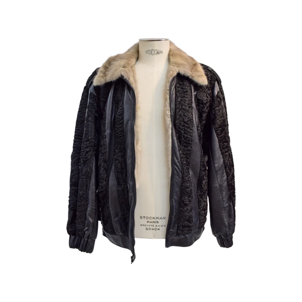 Bomber jacket with black Persian lamb wool, black leather and grey mink fur