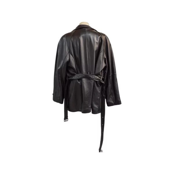 A black leather coat with a leather waist belt