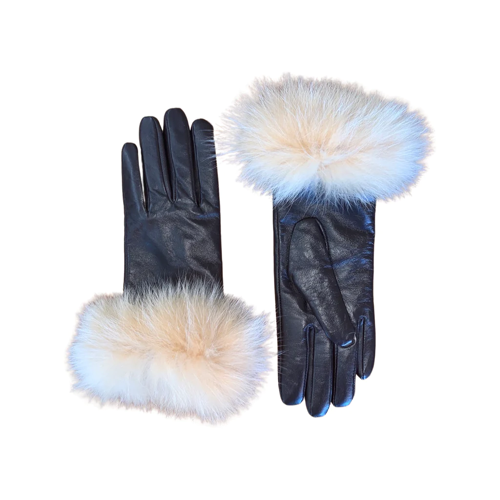 Brown leather gloves with a pastel fox fur wrist