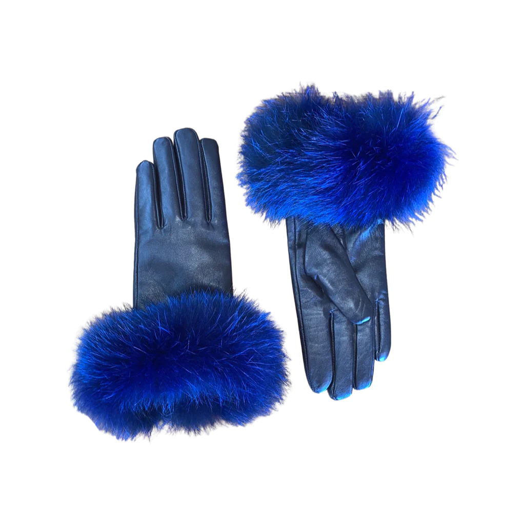 Brown leather gloves with fluffy blue fox fur on its wrist