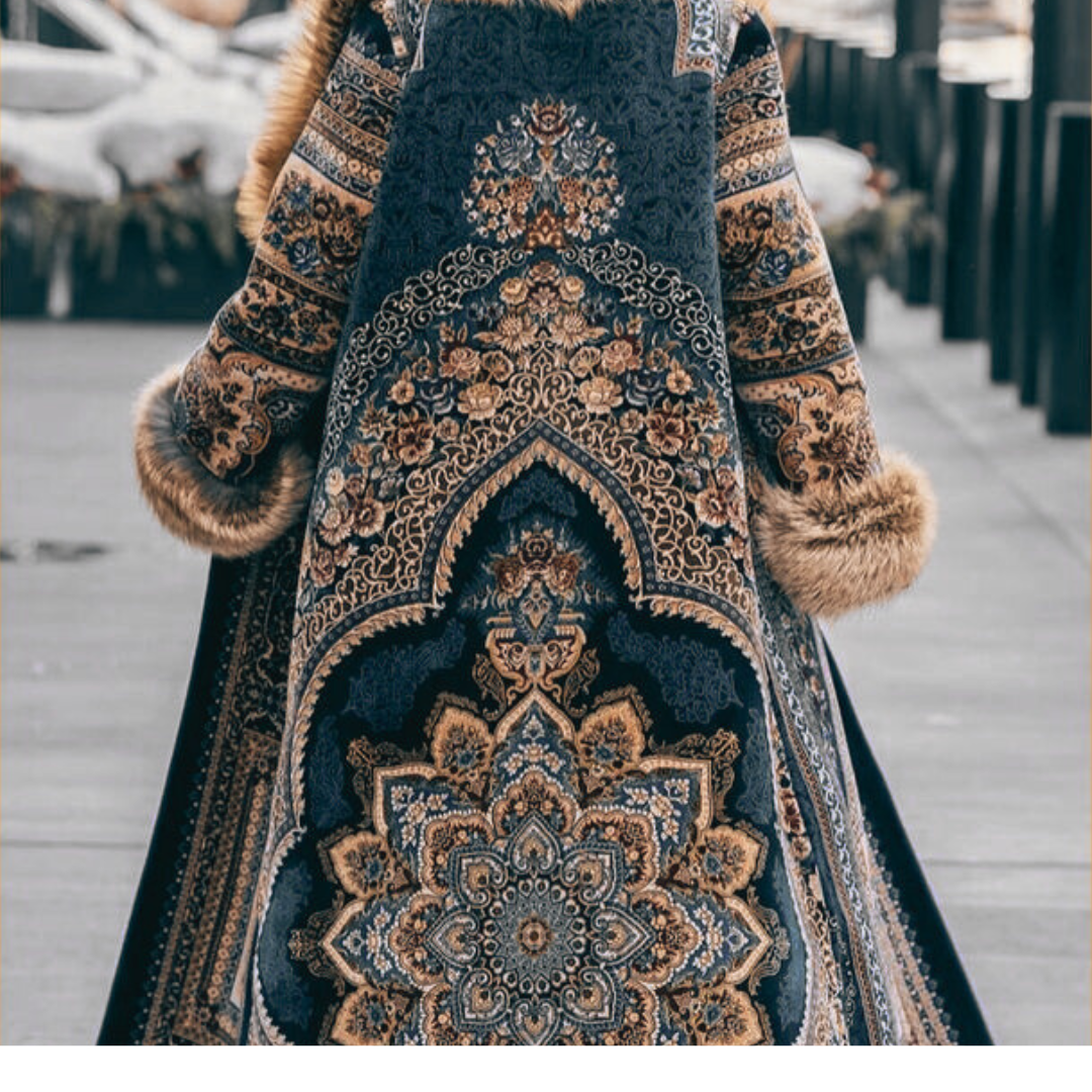 Long coat with a carpet design and fur details